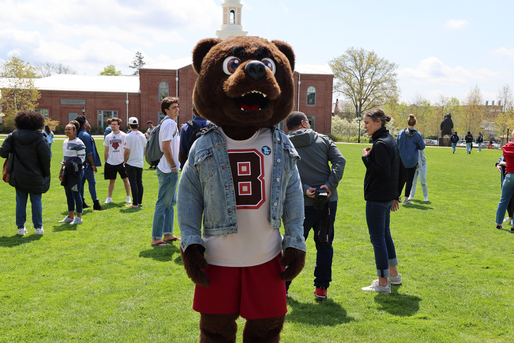 Bruno mascot wearing denim jacket