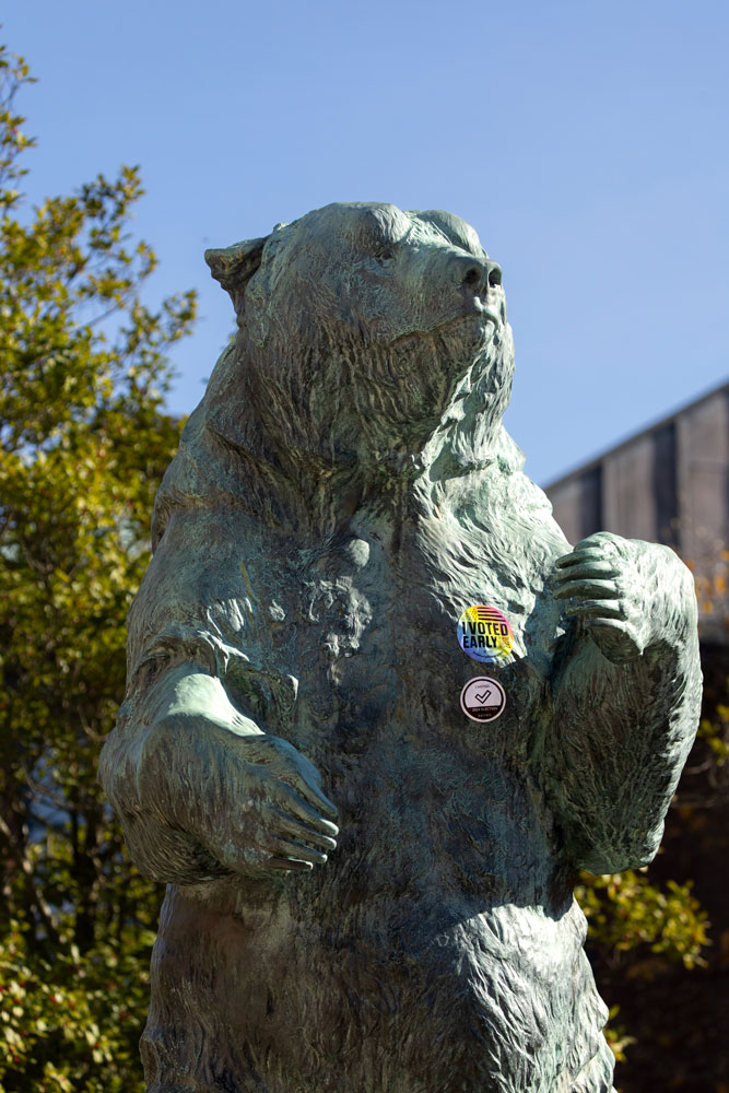 Bronze Bruno wears I Voted stickers