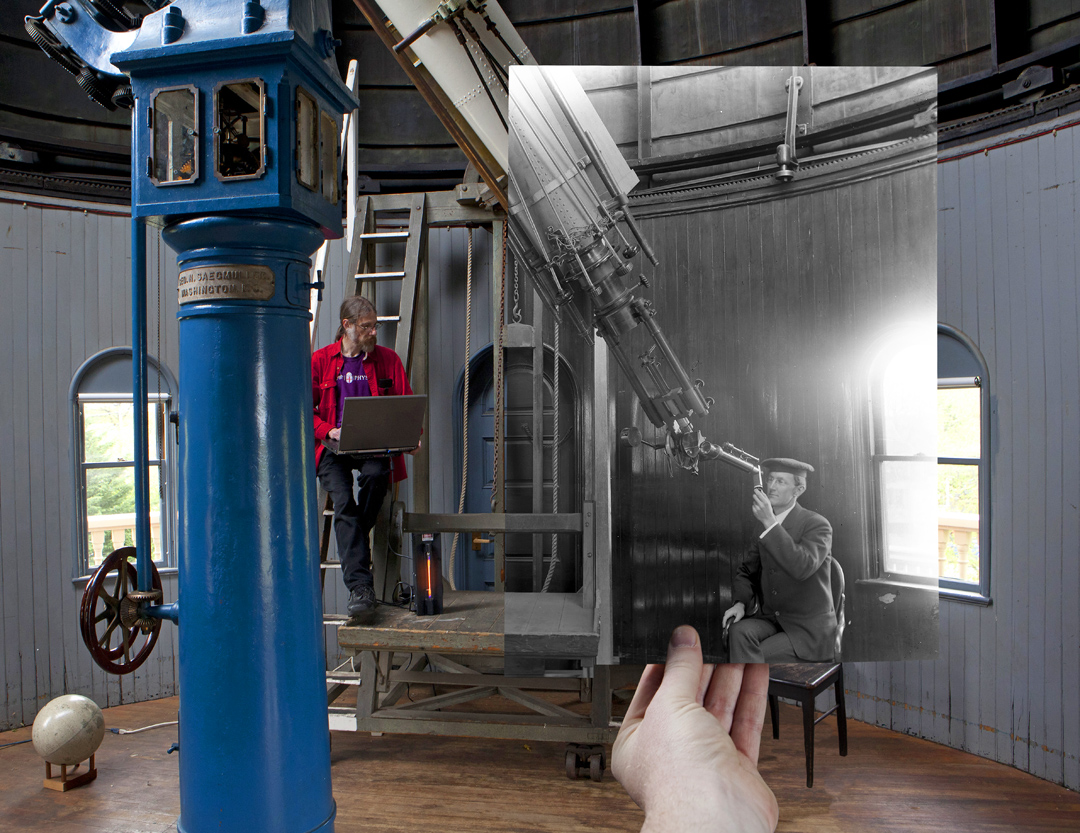 Inside Ladd observatory, a black and white photo from the turn of the century is held up against the current view