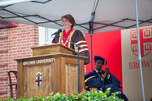 University President Christina Paxson speaking from podium