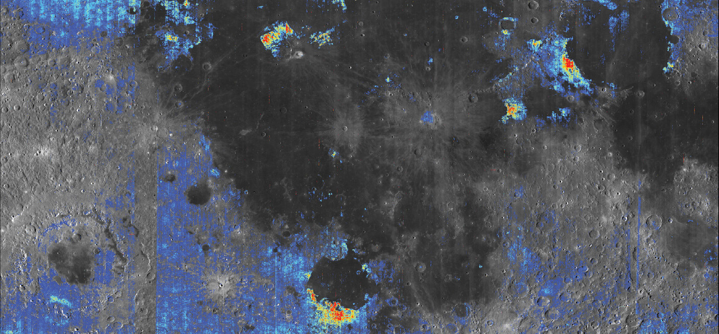 Moon's surface with water content colorized