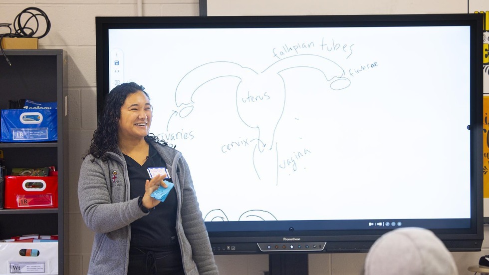 Brown medical student draws anatomy on white board 