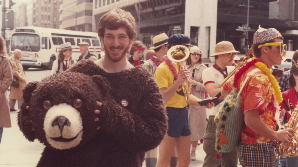 Archival image of band member in Bruno mascot suit