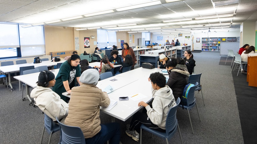 wide view of the new library at Alvarez High School in Providence 